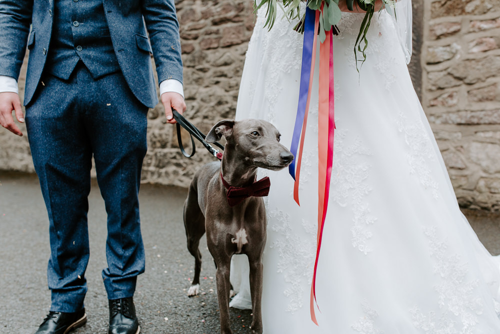 Bride Bridal Lace Dress Gown Sweetheart Neckline Boat Neck Blue Tweed Three Piece Suit Waistcoat Suit Groom Veil Dog Bow Tie Tipis Riley Green Wedding Jessica Isherwood Photography