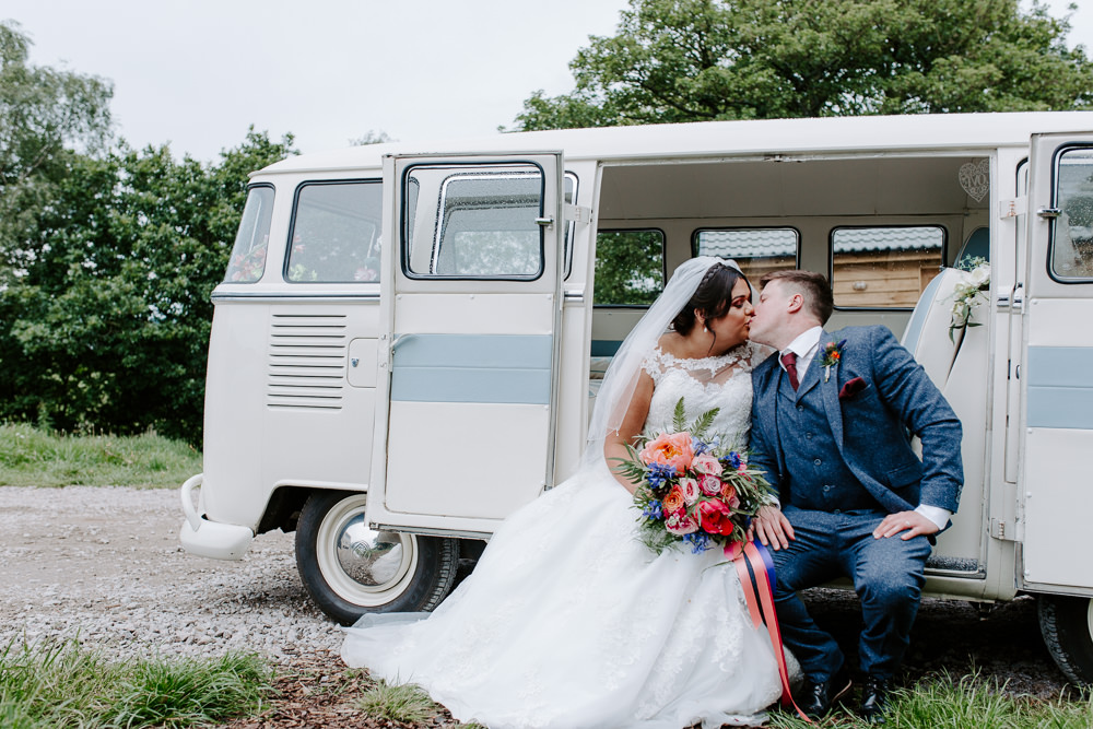 Bride Bridal Lace Dress Gown Sweetheart Neckline Boat Neck Blue Tweed Three Piece Suit Waistcoat Suit Groom Veil Bouquet VW Campervan Tipis Riley Green Wedding Jessica Isherwood Photography