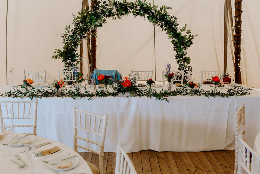 Top Table Greenery Foliage Runner Arch Rose Tipis Riley Green Wedding Jessica Isherwood Photography