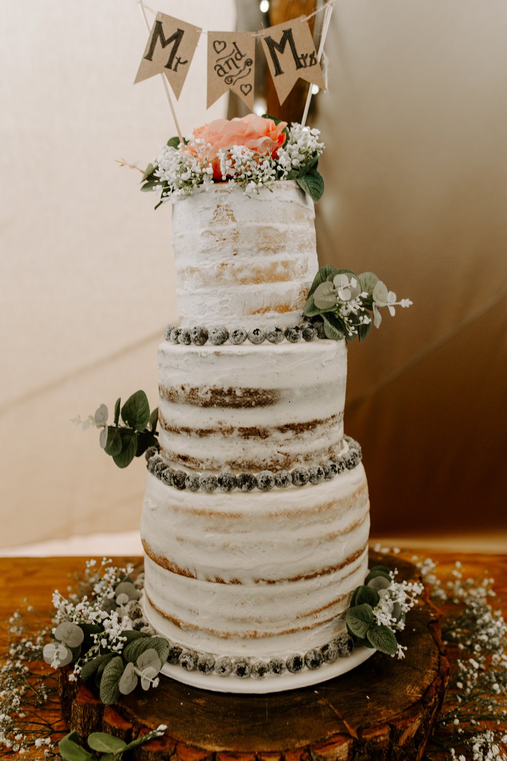 Semi Naked Buttercream Cake Flowers Gypsophila Bunting Topper Mr & Mrs Tipis Riley Green Wedding Jessica Isherwood Photography
