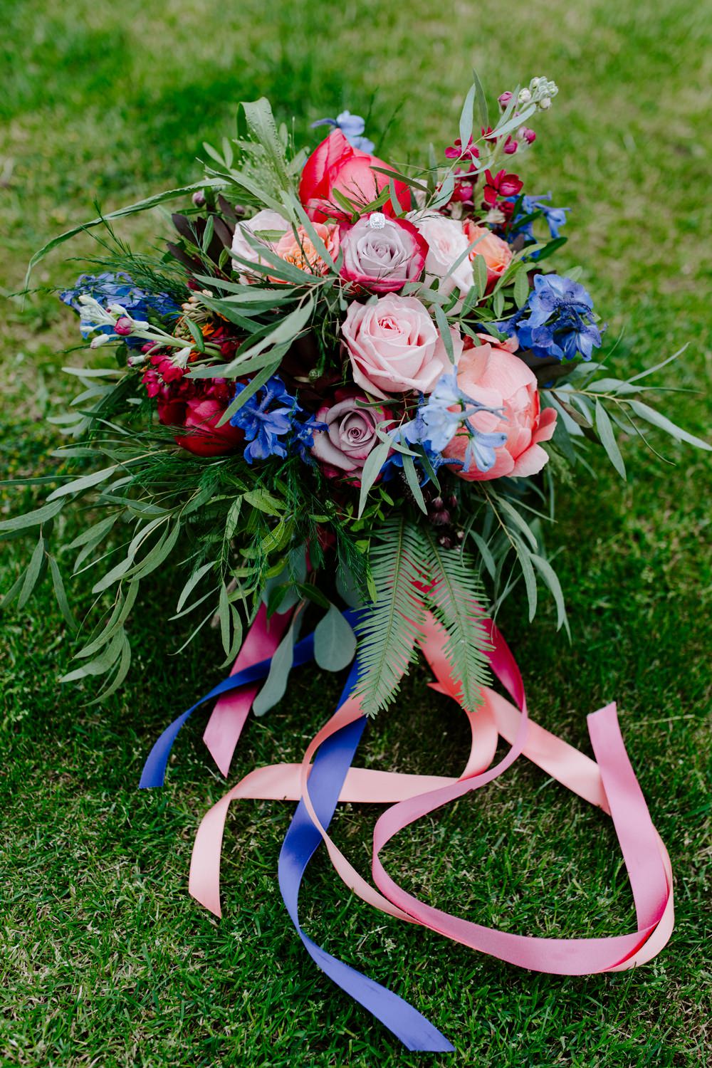 Bride Bridal Bouquet Pink Blue Rose Peony Fern Greenery Tipis Riley Green Wedding Jessica Isherwood Photography