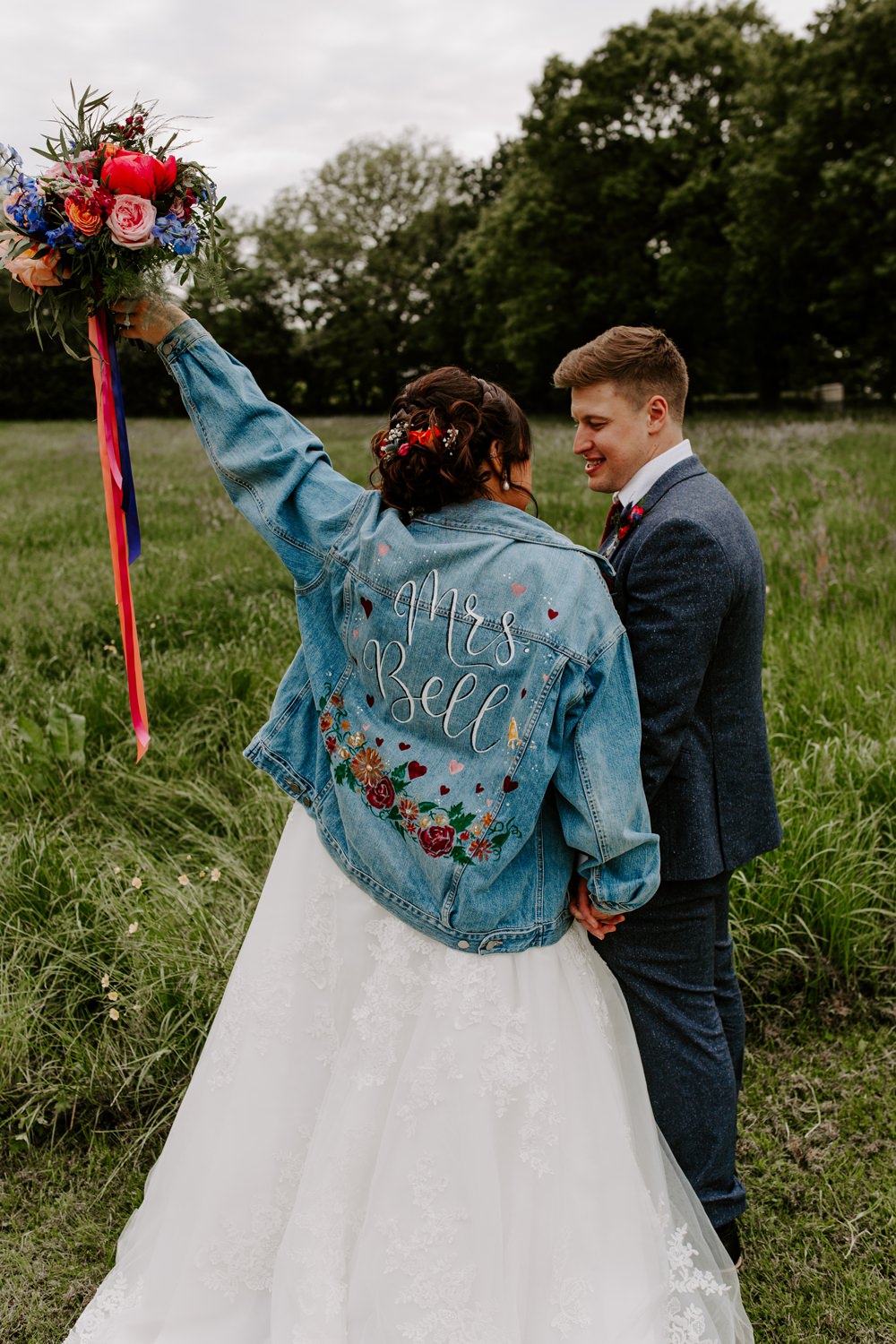 Customised Denim Jacket Mrs Bouquet Ribbon Tipis Riley Green Wedding Jessica Isherwood Photography