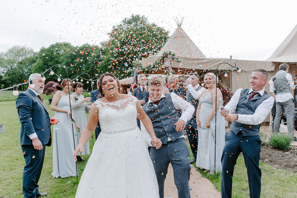Bride Bridal Lace Dress Gown Sweetheart Neckline Boat Neck Blue Tweed Three Piece Suit Waistcoat Suit Groom Confetti Tipis Riley Green Wedding Jessica Isherwood Photography