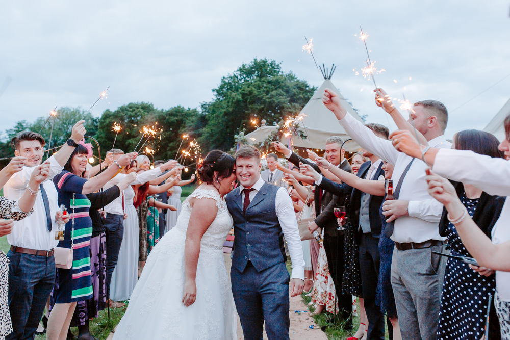 Bride Bridal Lace Dress Gown Sweetheart Neckline Boat Neck Blue Tweed Three Piece Suit Waistcoat Suit Groom Sparkler Send Off Tipis Riley Green Wedding Jessica Isherwood Photography