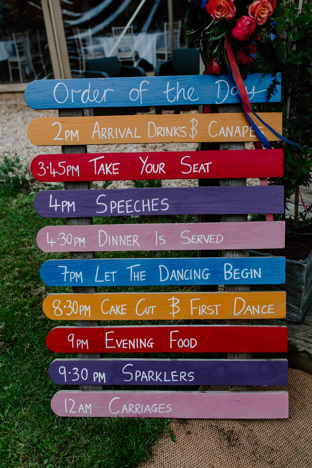 Timings Order of Day Wooden Sign Tipis Riley Green Wedding Jessica Isherwood Photography