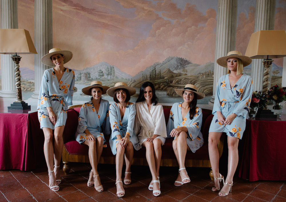 Bridesmaid Bridesmaids Dressing Gowns Robes Boater Hats White Tuscany Wedding Lelia Scarfiotti
