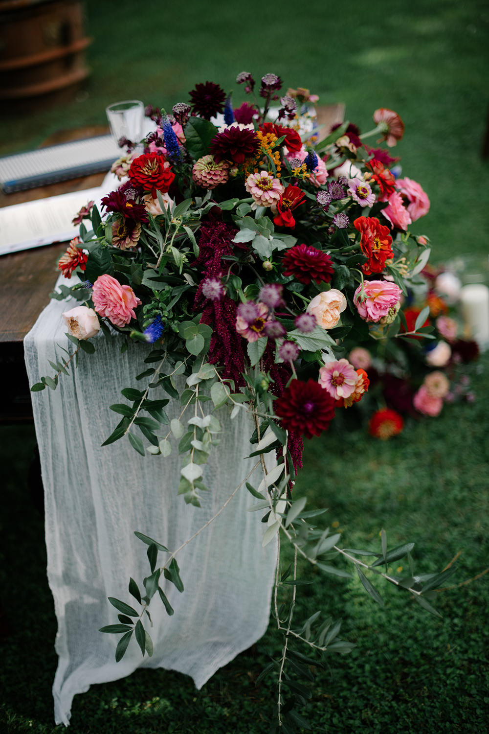 Flower Flowers Arrangement Candles Pink Roses Eucalyptus Dahlia Tuscany Wedding Lelia Scarfiotti