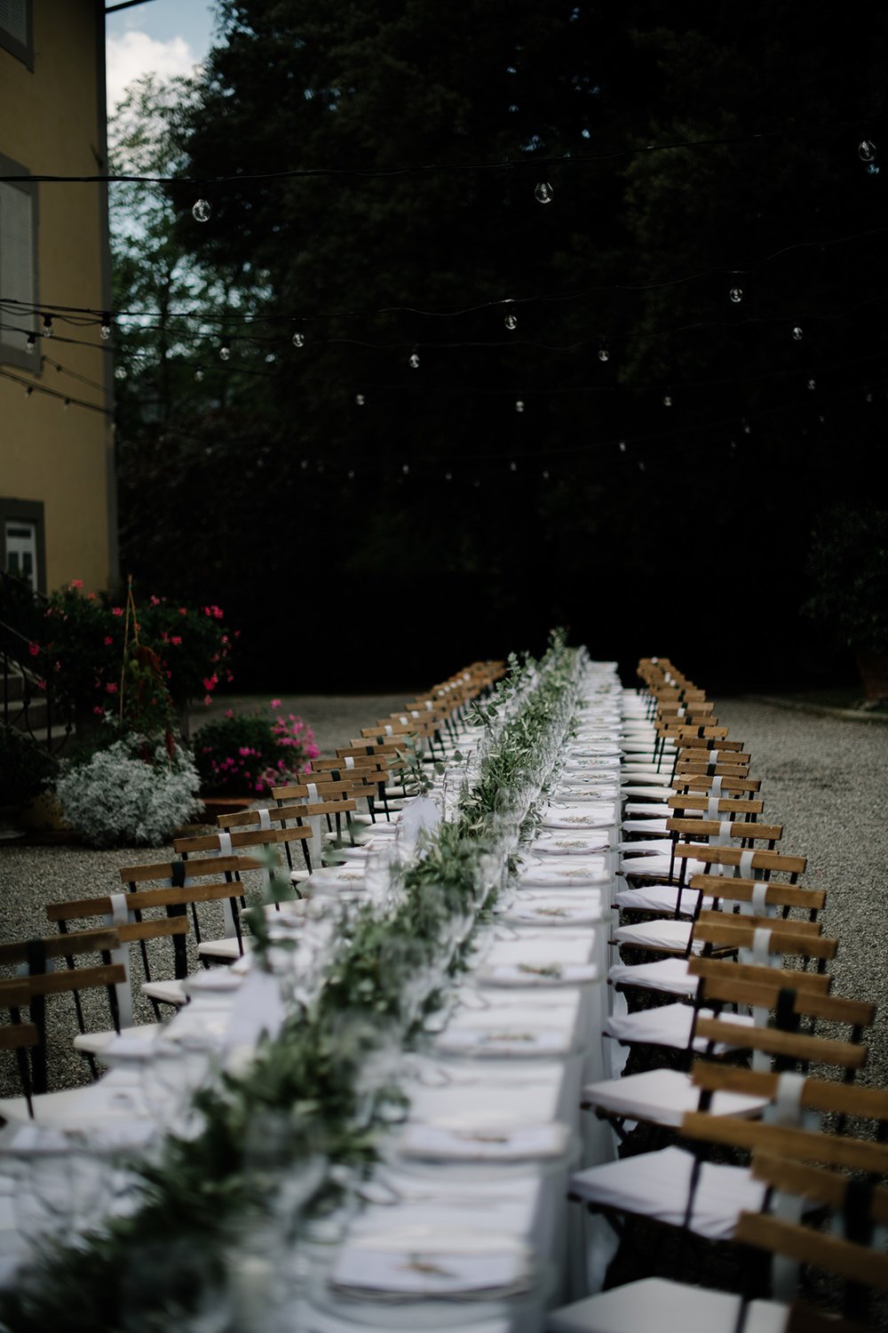 Long Tables Greenery Foliage Olive Eucalyptus Outdoor Outside Reception Tuscany Wedding Lelia Scarfiotti