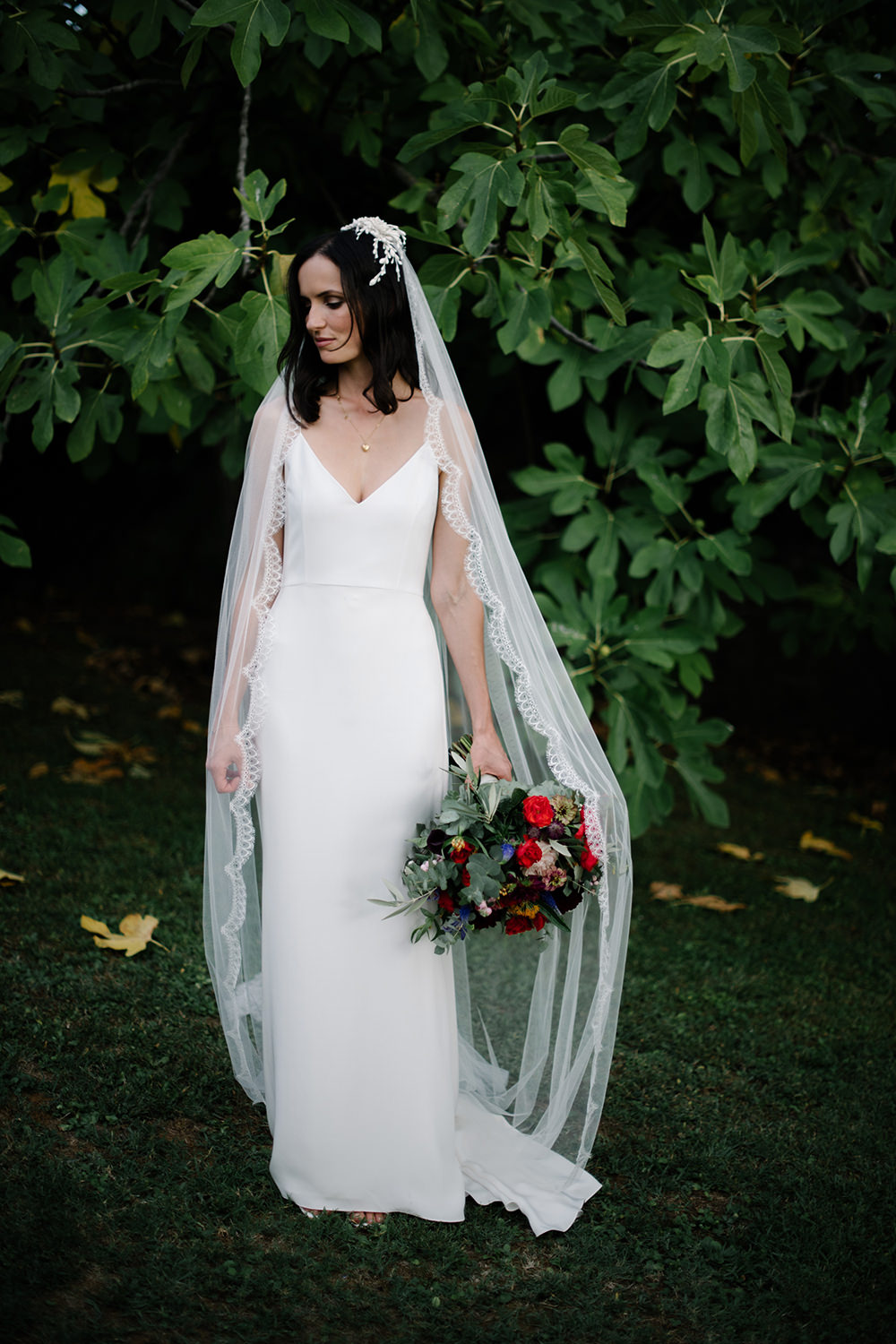 Bride Bridal Dress Gown by Alexandra Grecco Lace Veil Spaghetti Straps Tuscany Wedding Lelia Scarfiotti