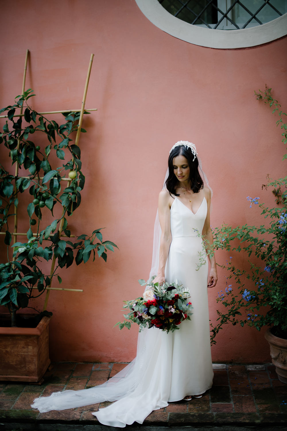 Bride Bridal Dress Gown by Alexandra Grecco Lace Veil Spaghetti Straps Tuscany Wedding Lelia Scarfiotti
