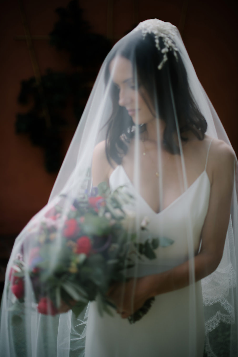 Bride Bridal Dress Gown by Alexandra Grecco Lace Veil Spaghetti Straps Tuscany Wedding Lelia Scarfiotti