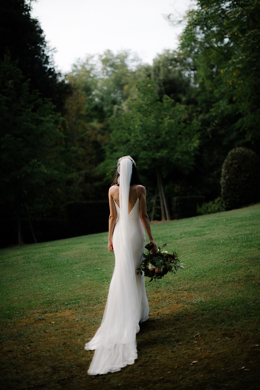 Bride Bridal Dress Gown by Alexandra Grecco Lace Veil Spaghetti Straps Tuscany Wedding Lelia Scarfiotti