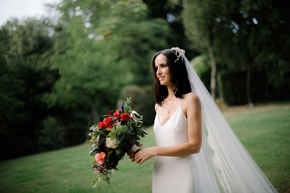 Bride Bridal Dress Gown by Alexandra Grecco Lace Veil Spaghetti Straps Tuscany Wedding Lelia Scarfiotti