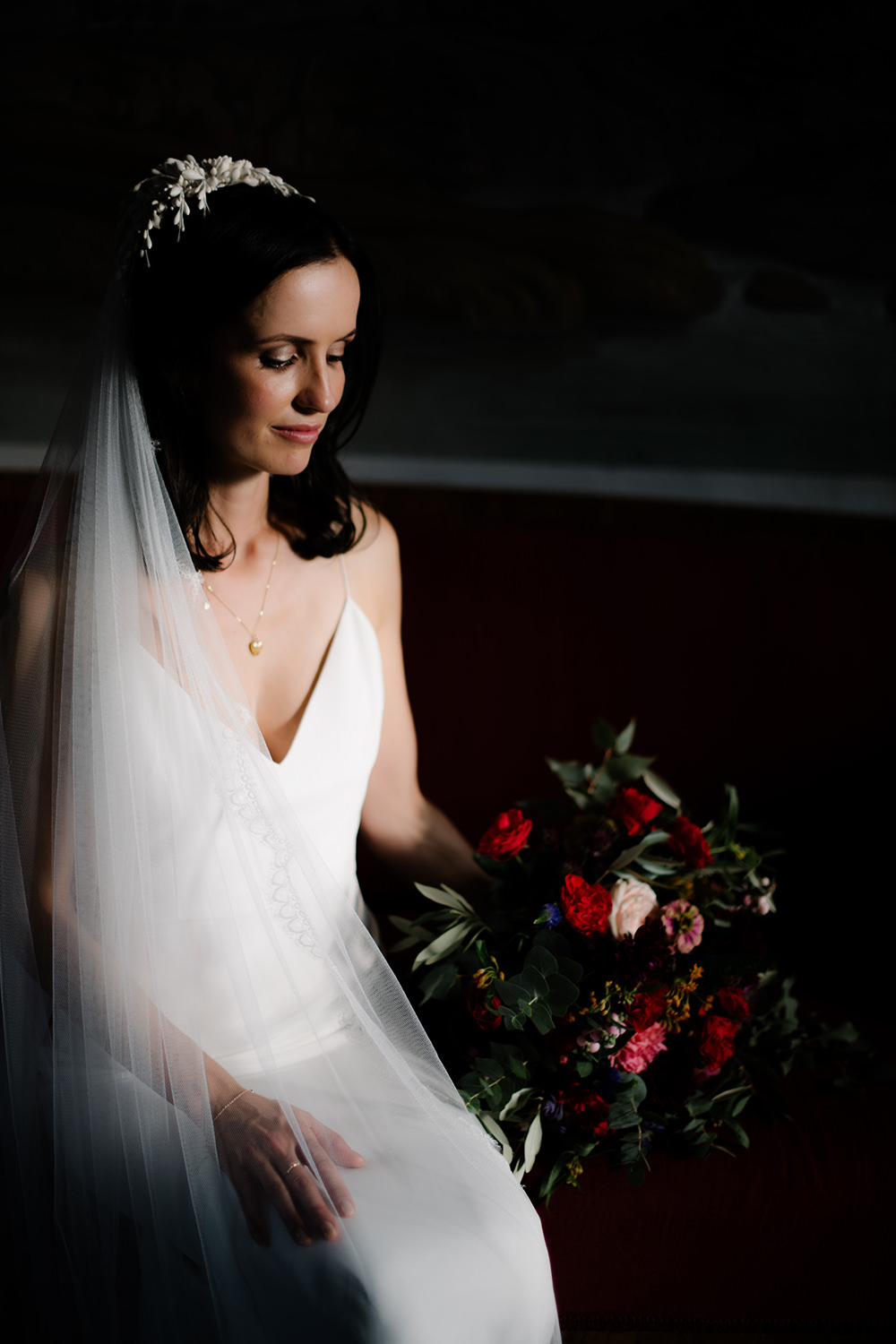 Bride Bridal Dress Gown by Alexandra Grecco Lace Veil Spaghetti Straps Tuscany Wedding Lelia Scarfiotti