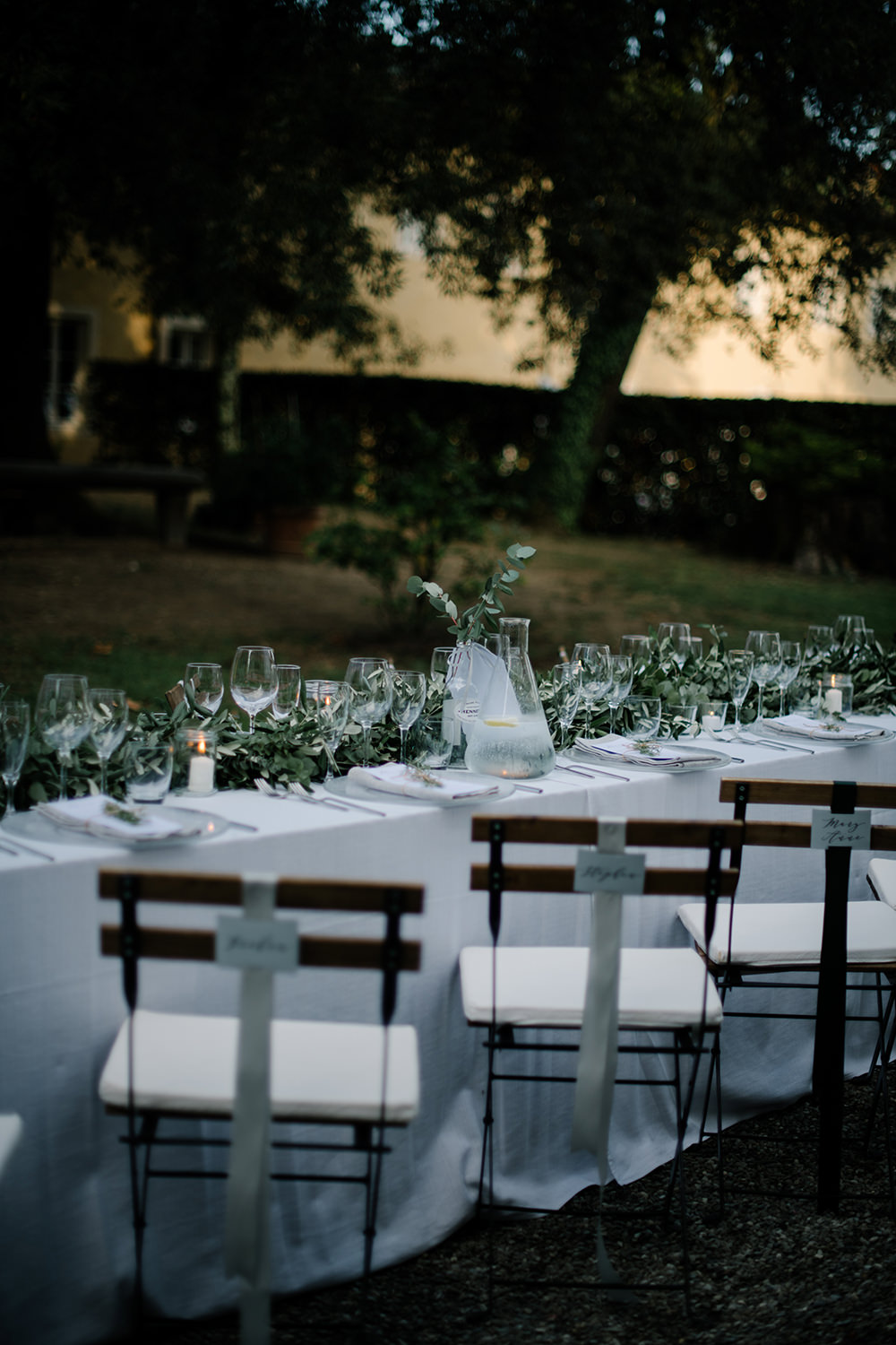Long Tables Greenery Foliage Olive Eucalyptus Outdoor Outside Reception Tuscany Wedding Lelia Scarfiotti
