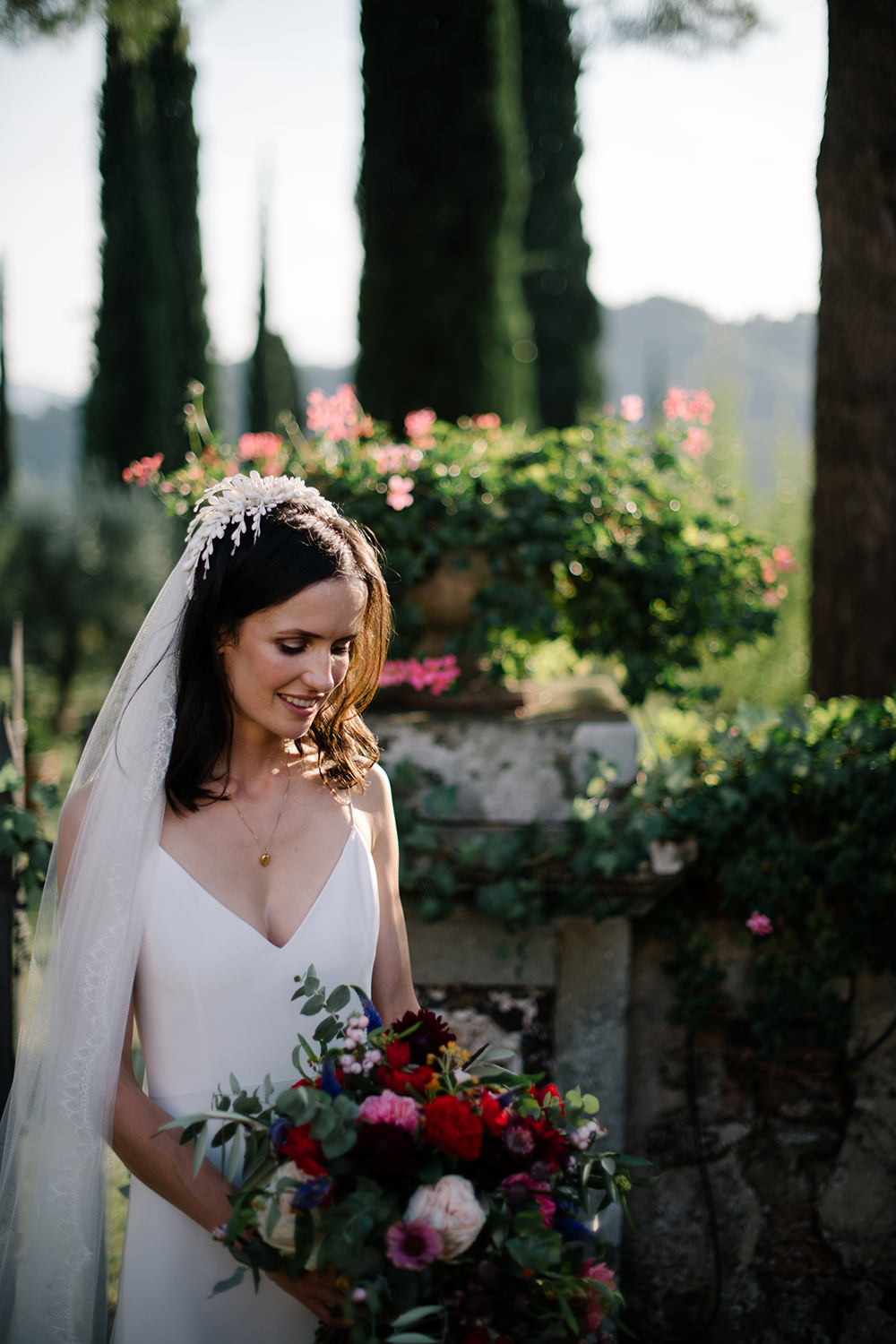 Bride Bridal Dress Gown by Alexandra Grecco Lace Veil Spaghetti Straps Tuscany Wedding Lelia Scarfiotti