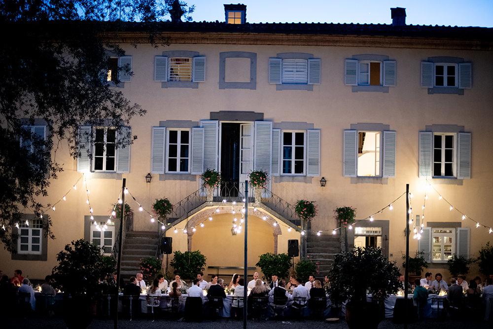 Festoon Lights Lighting Outdoors Outside Reception Tuscany Wedding Lelia Scarfiotti