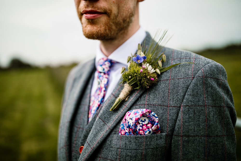Groom Buttonhole Flowers Moss Floral Tie Handkerchief Yorkshire Barn Wedding Hayley Baxter Photography