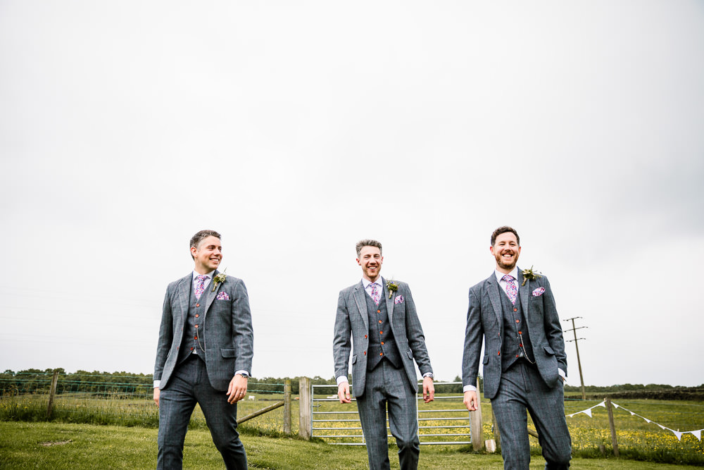 Groom Groomsmen Suit Grey Check Floral Tie Yorkshire Barn Wedding Hayley Baxter Photography
