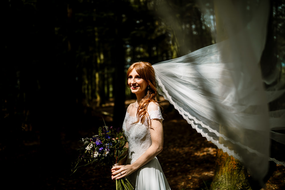Bride Bridal Dress Gown Veil Rebecca Ingram Train Lace Yorkshire Barn Wedding Hayley Baxter Photography