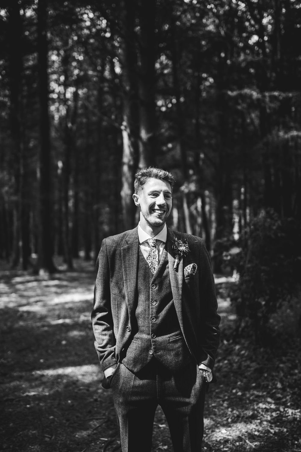 Groom Groomsmen Suit Grey Check Floral Tie Yorkshire Barn Wedding Hayley Baxter Photography