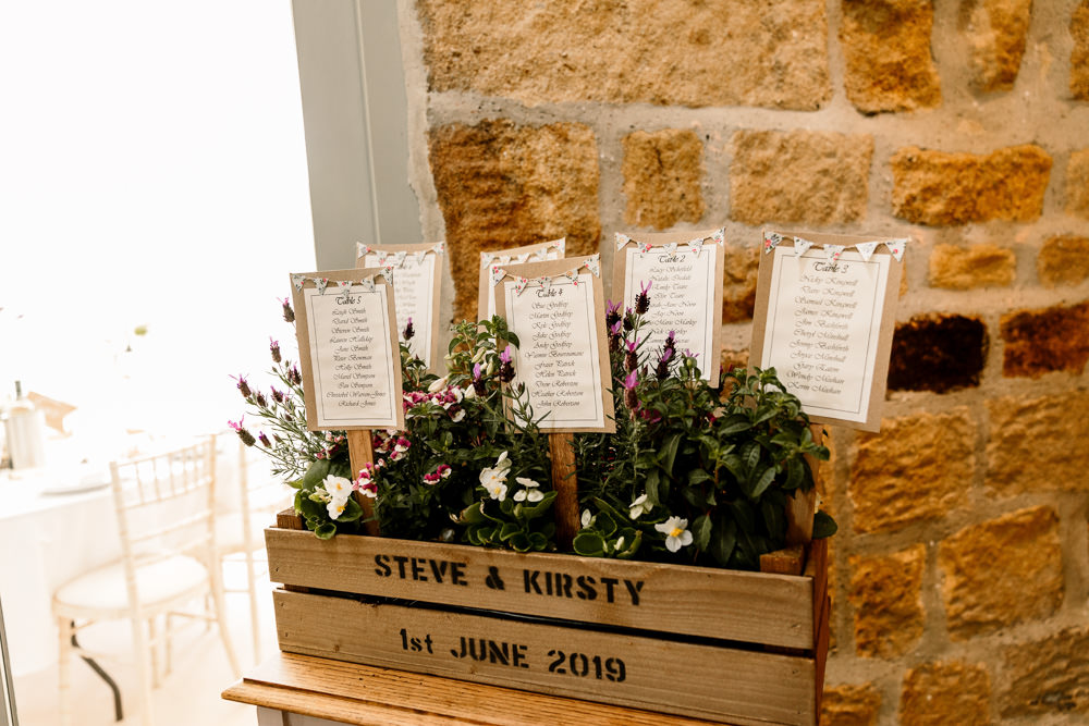 Seating Plan Table Chart Wooden Crate Sticks Flowers Yorkshire Barn Wedding Hayley Baxter Photography