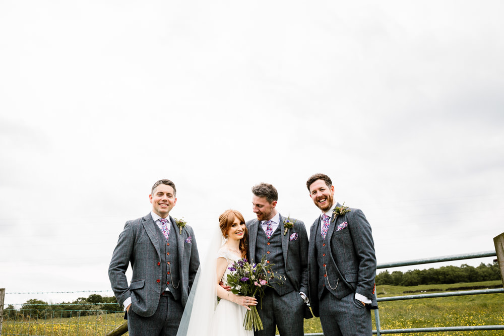 Groom Groomsmen Suit Grey Check Floral Tie Yorkshire Barn Wedding Hayley Baxter Photography