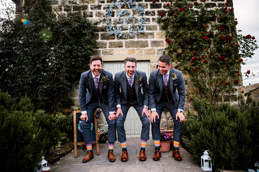 Groom Groomsmen Suit Grey Check Floral Tie Socks Yorkshire Barn Wedding Hayley Baxter Photography