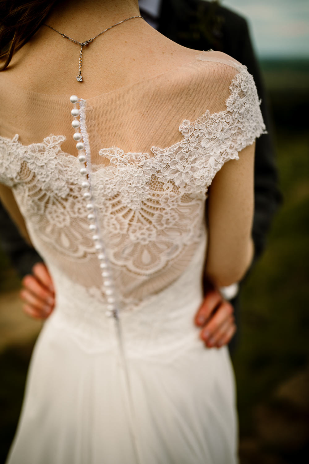 Bride Bridal Dress Gown Veil Rebecca Ingram Train Lace Back Buttons Yorkshire Barn Wedding Hayley Baxter Photography