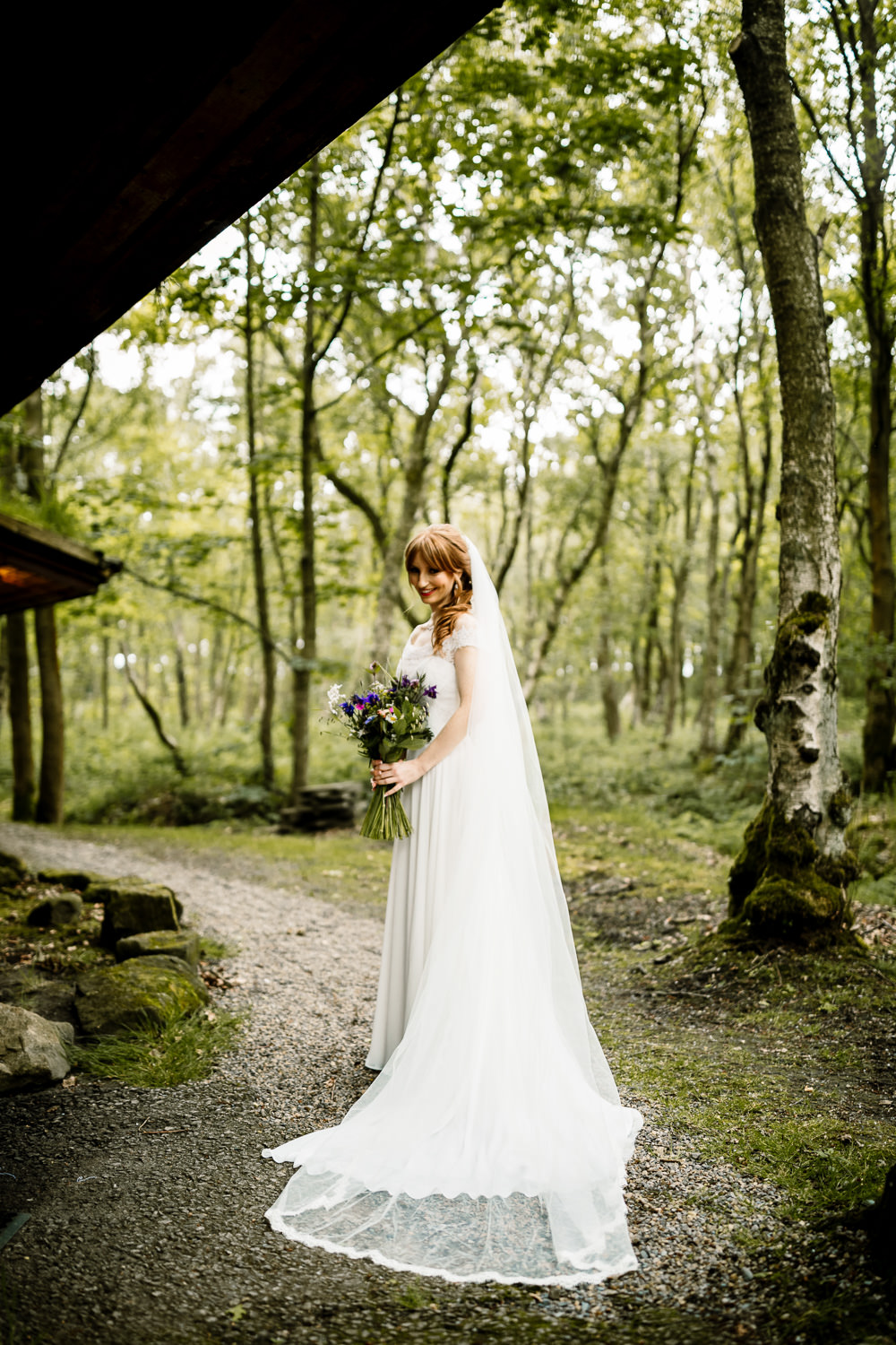 Bride Bridal Dress Gown Veil Rebecca Ingram Train Lace Yorkshire Barn Wedding Hayley Baxter Photography