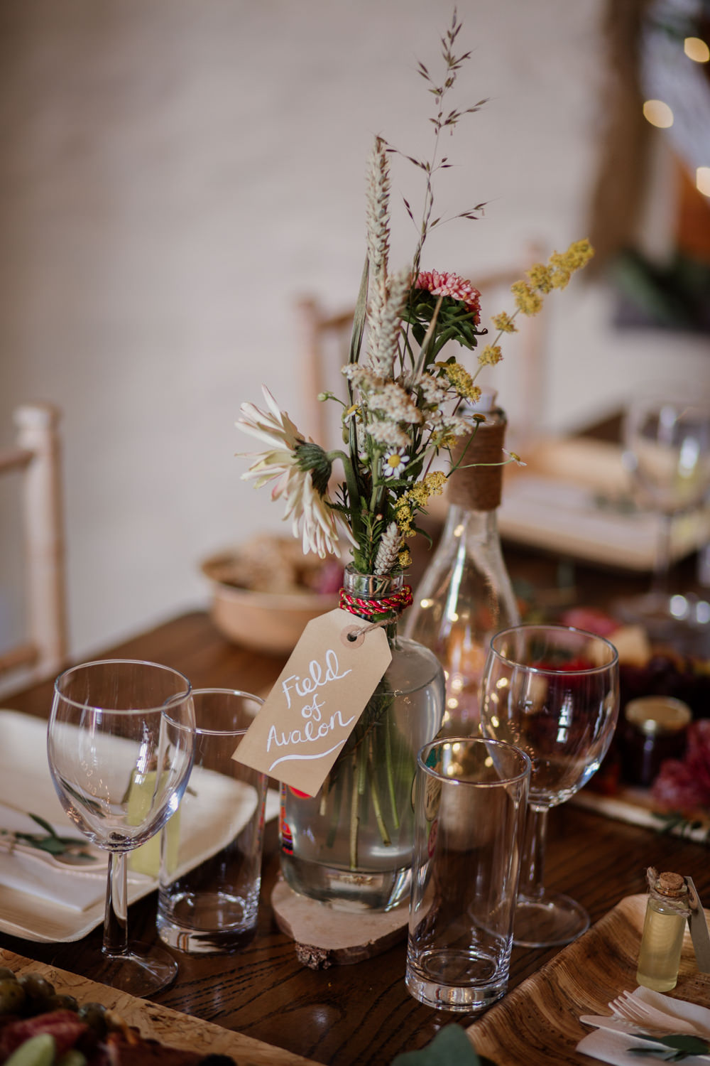 Wildflower Table Centre Flowers Floral Luggage Tag Bottle Barn Brynich Wedding Magda K Photography