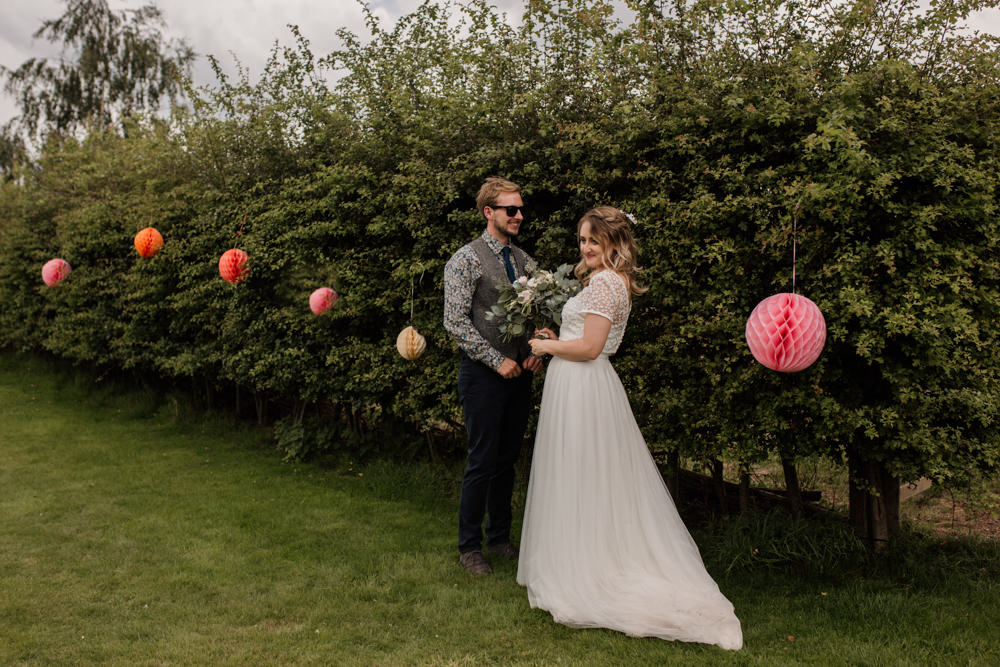Bride Bridal Separates V Back Lace Top Tulle Skirt Flowery Floral Shirt Waistcoat Groom Honeycomb Paper Lantern Barn Brynich Wedding Magda K Photography