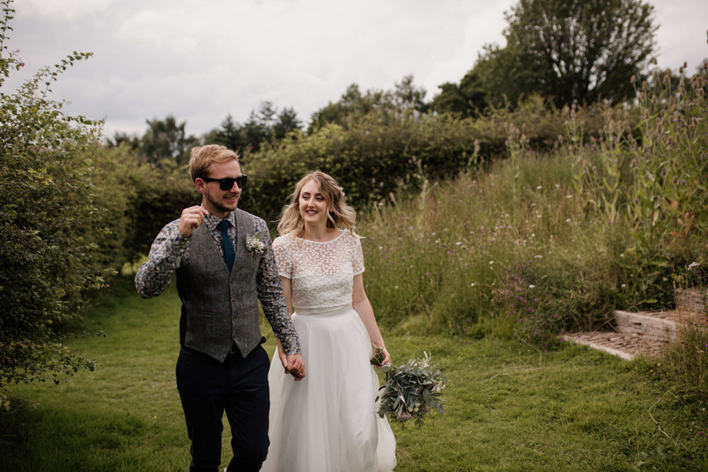 Bride Bridal Separates V Back Lace Top Tulle Skirt Flowery Floral Shirt Waistcoat Groom Barn Brynich Wedding Magda K Photography