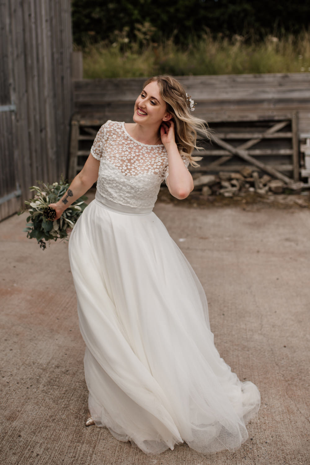 Bride Bridal Separates V Back Lace Top Tulle Skirt Barn Brynich Wedding Magda K Photography