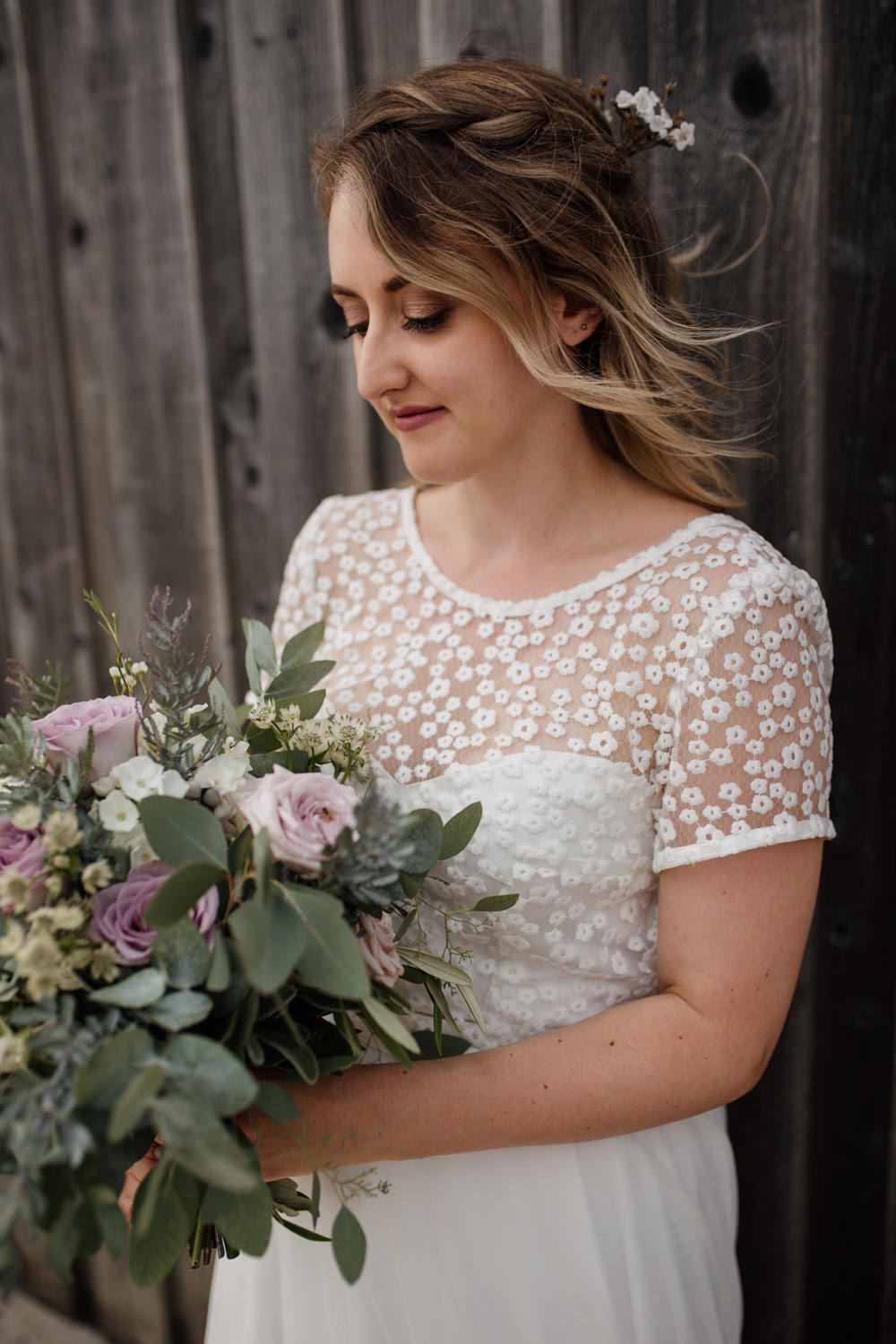 Bride Bridal Separates V Back Lace Top Tulle Skirt Bouquet Eucalyptus Pink Rose Greenery Barn Brynich Wedding Magda K Photography
