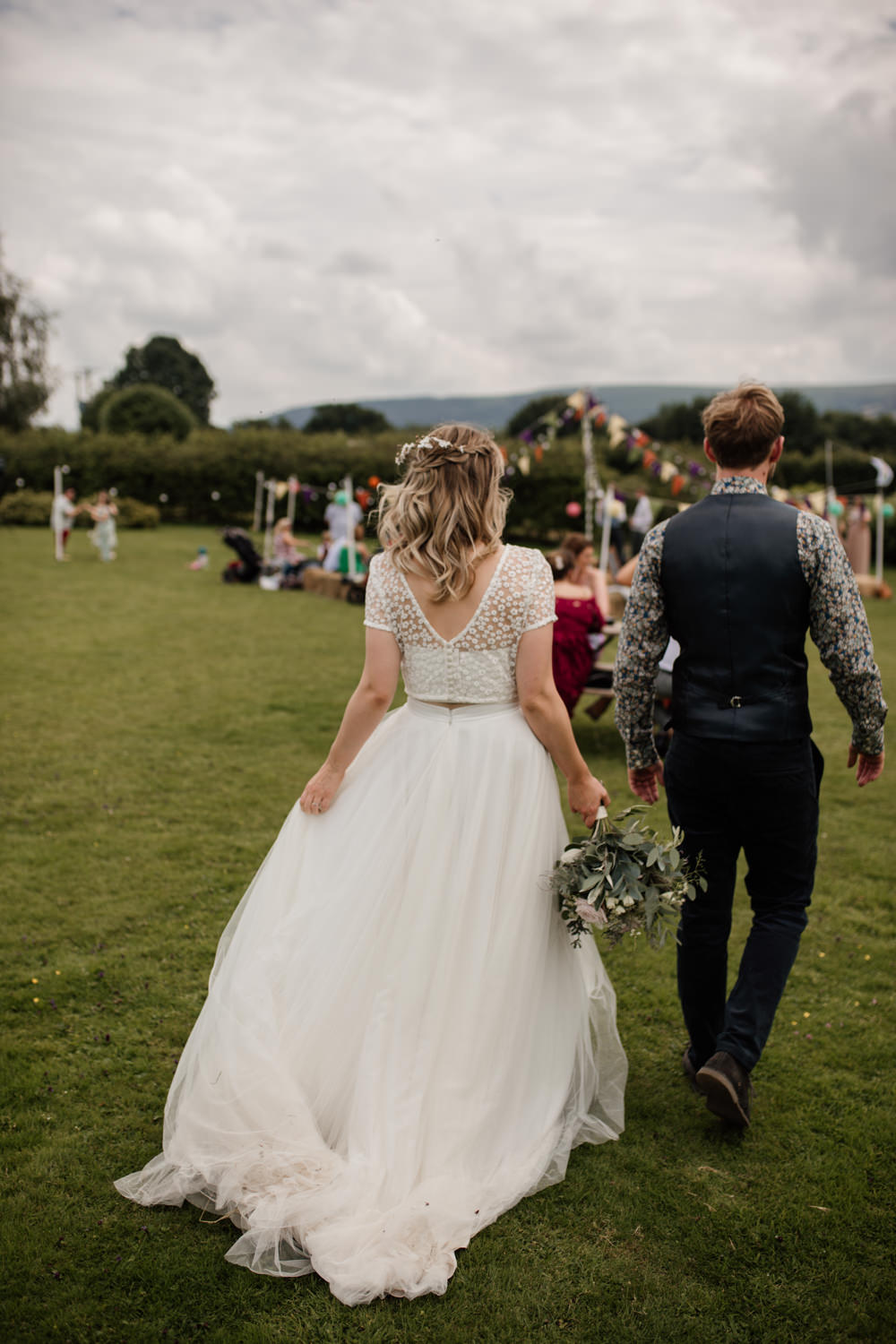 Bride Bridal Separates V Back Lace Top Tulle Skirt Flowery Floral Shirt Waistcoat Groom Barn Brynich Wedding Magda K Photography