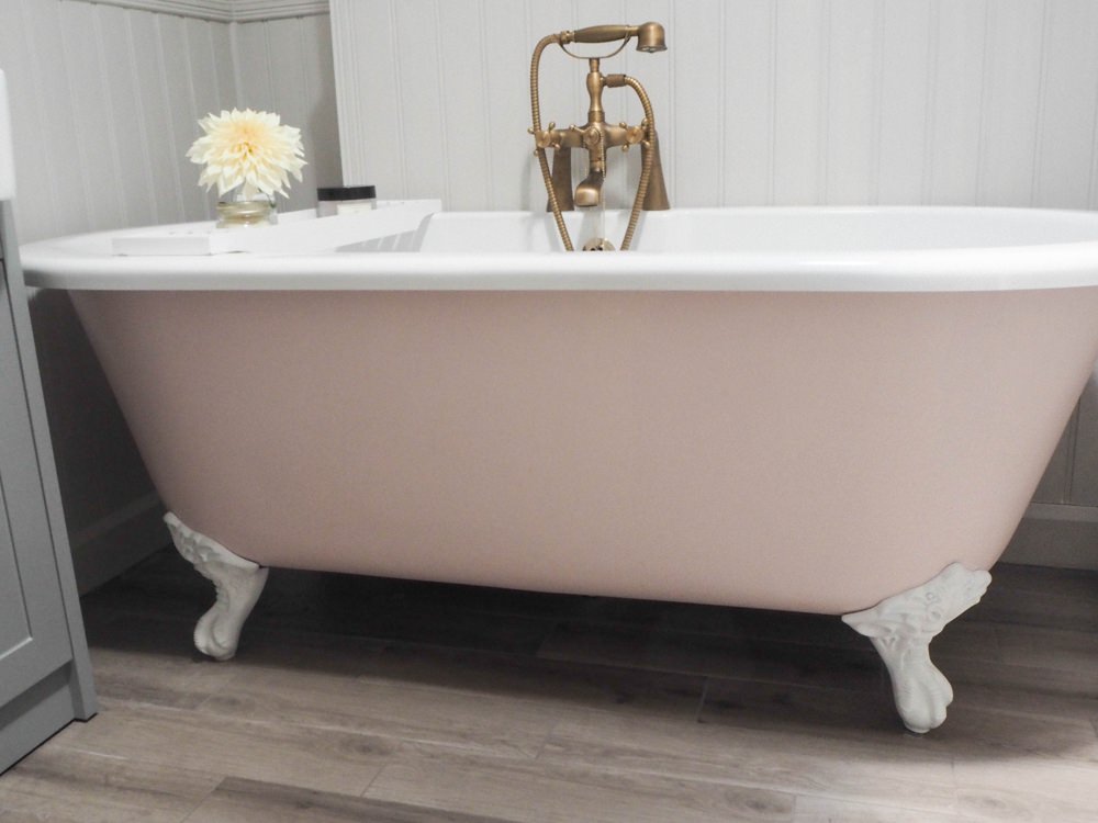 Bathroom Pink Roll Top Bath Renovation 1930s Brass Taps Panelling Walls Farrow & Ball Floor Tiles
