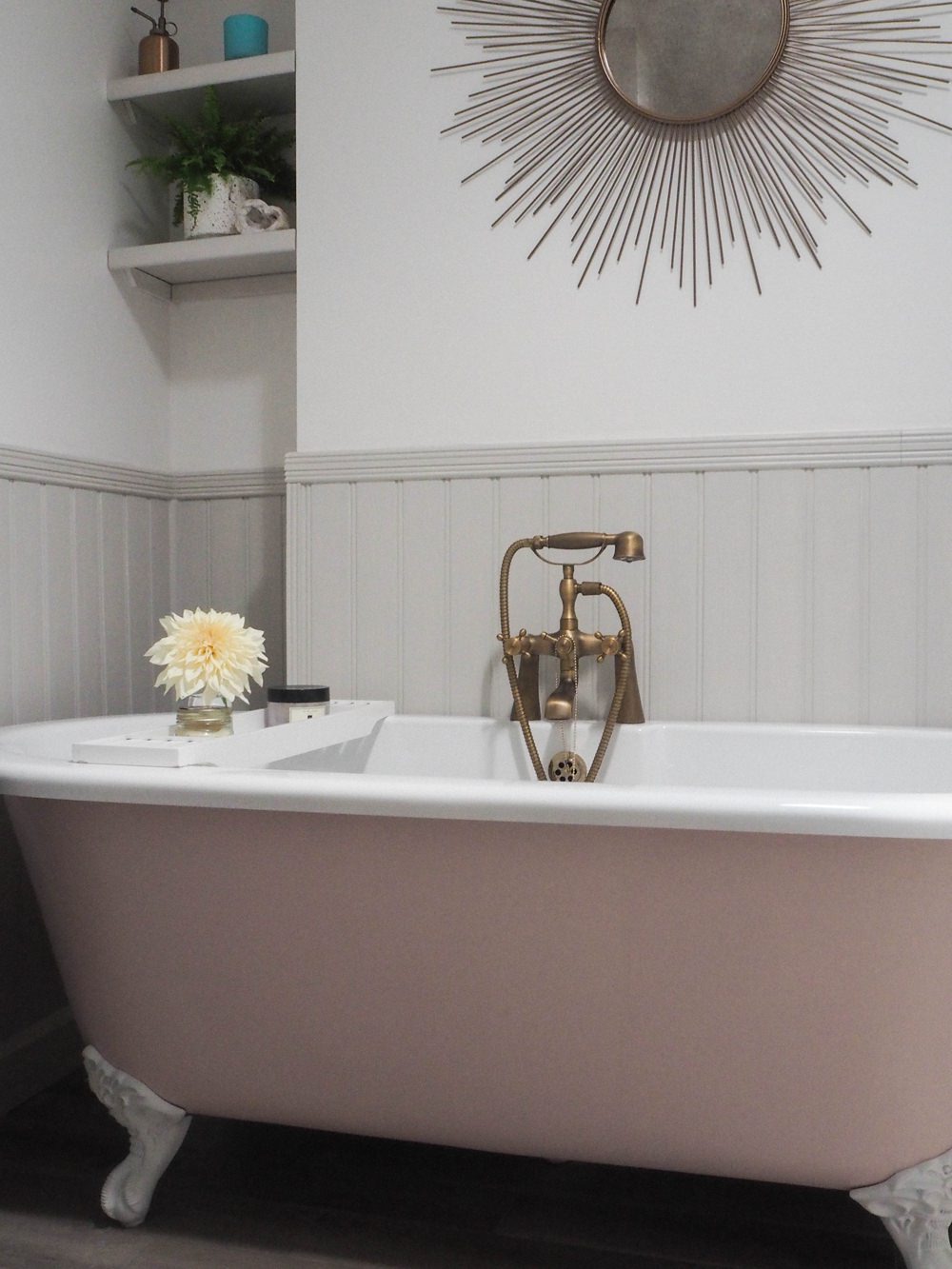 Bathroom Pink Roll Top Bath Renovation 1930s Brass Taps Panelling Walls Farrow & Ball Floor Tiles
