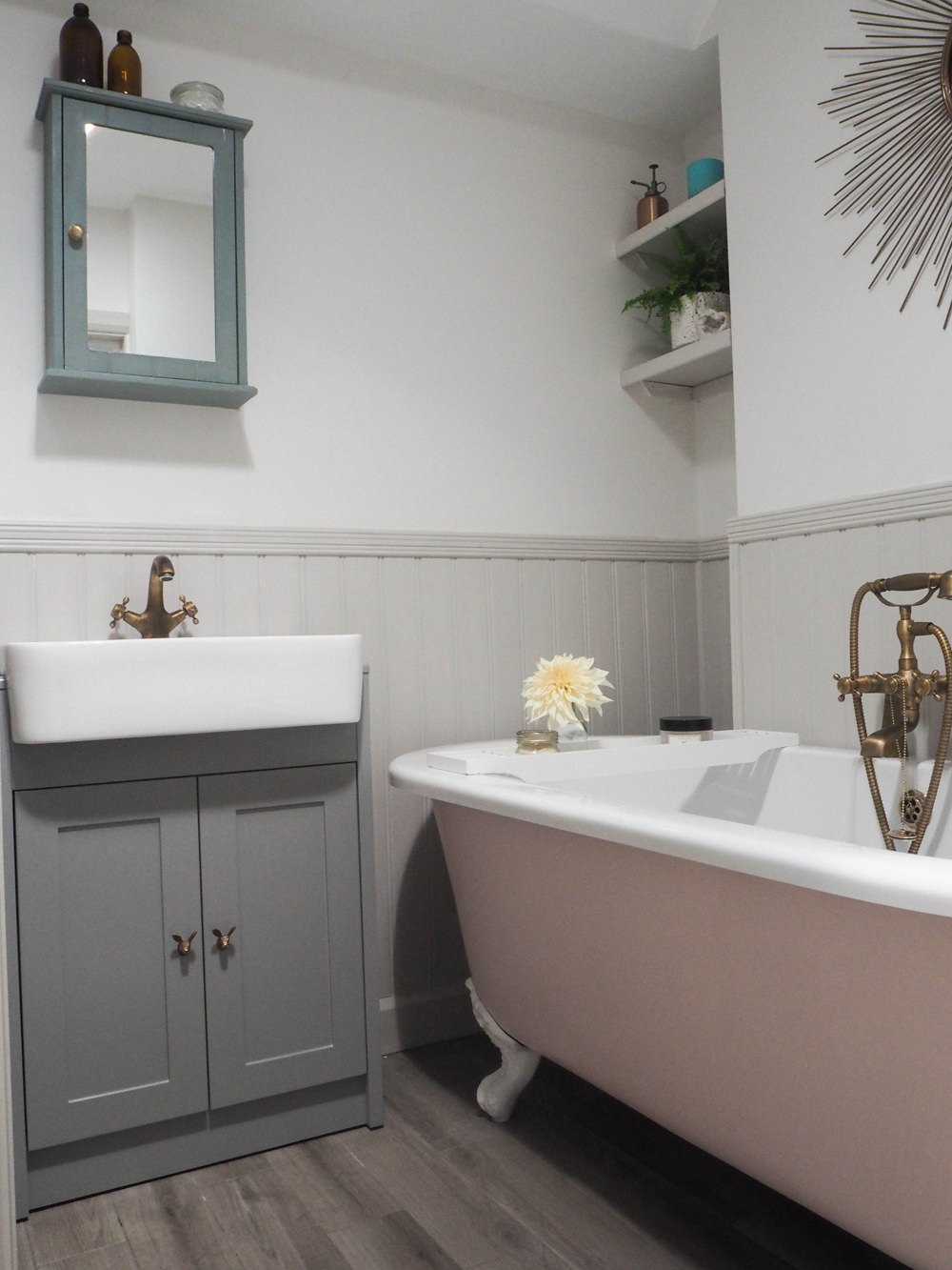 Bathroom Pink Roll Top Bath Renovation 1930s Brass Taps Panelling Walls Farrow & Ball Floor Tiles