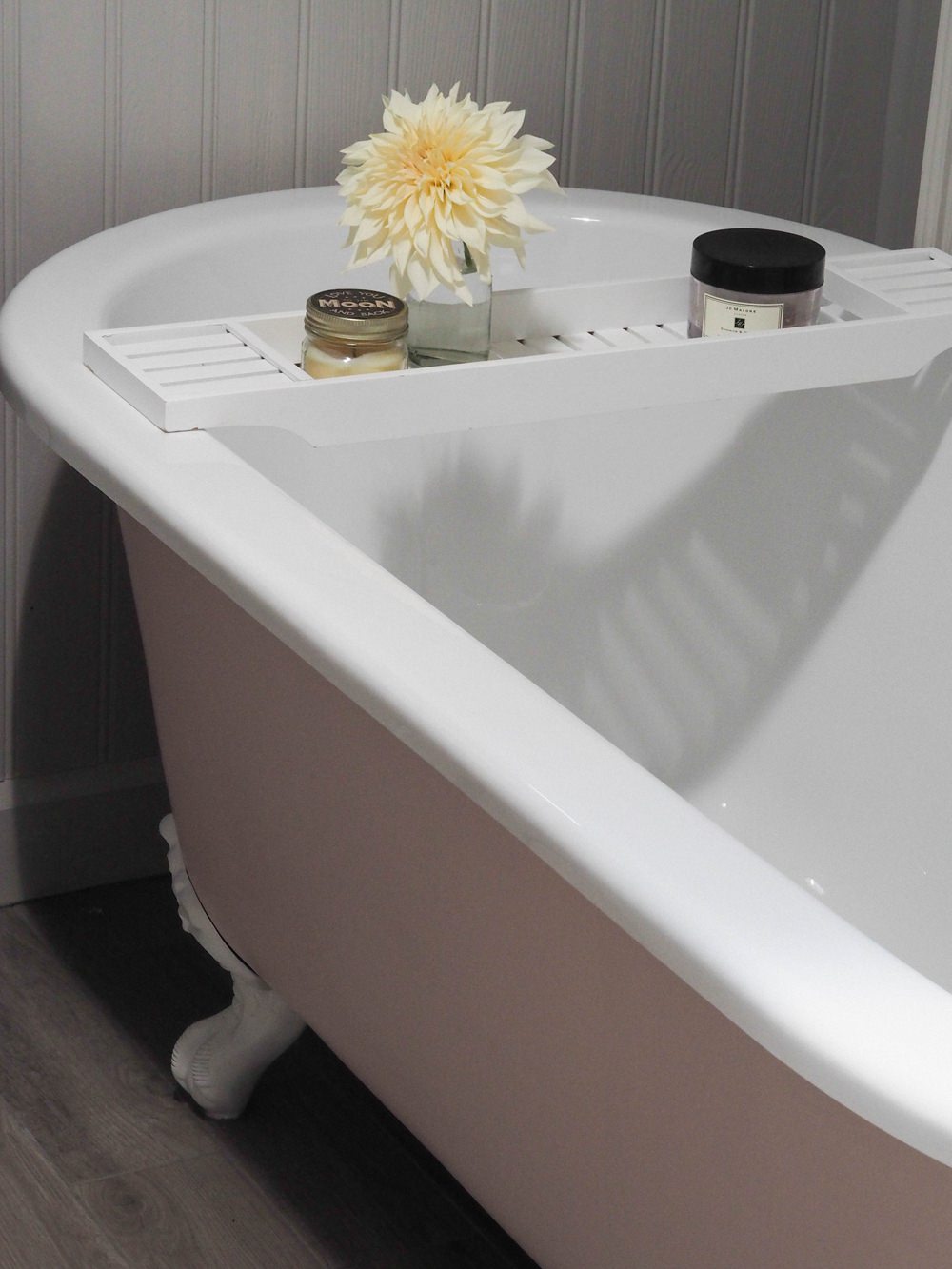 Bath Rack Accessories Bathroom Pink Roll Top Bath Renovation 1930s Brass Taps Panelling Walls Farrow & Ball Floor Tiles