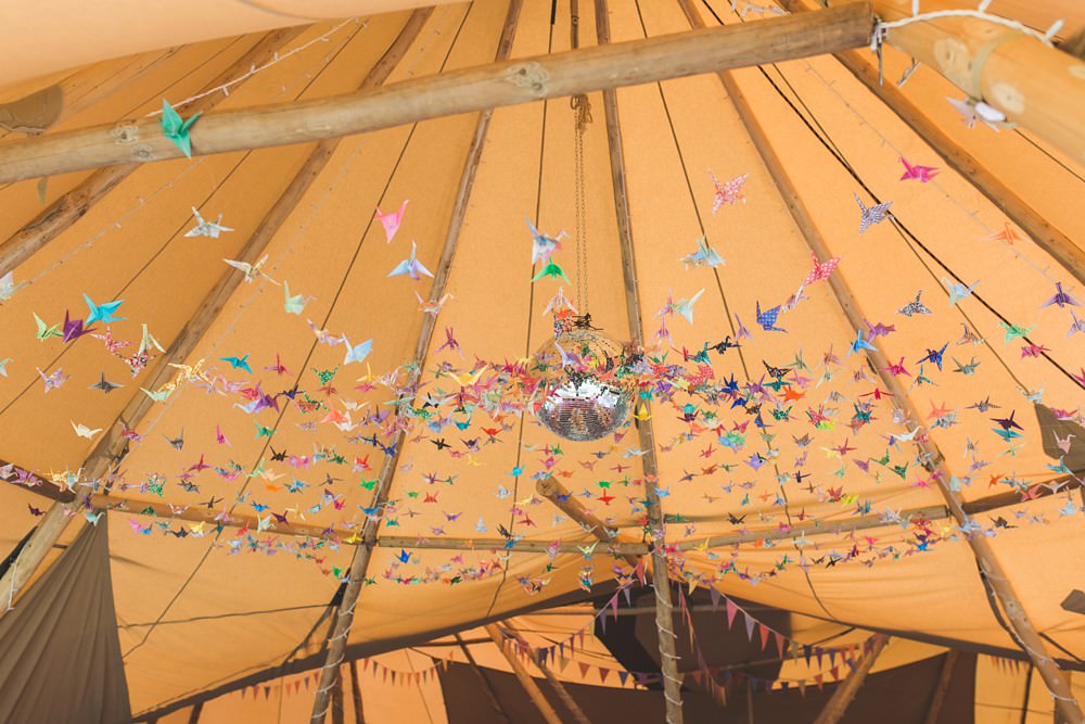 Tipi Origami Birds Cranes Decor Decoration Disco Ball Bedfordshire Farm Wedding Milkbottle Photography