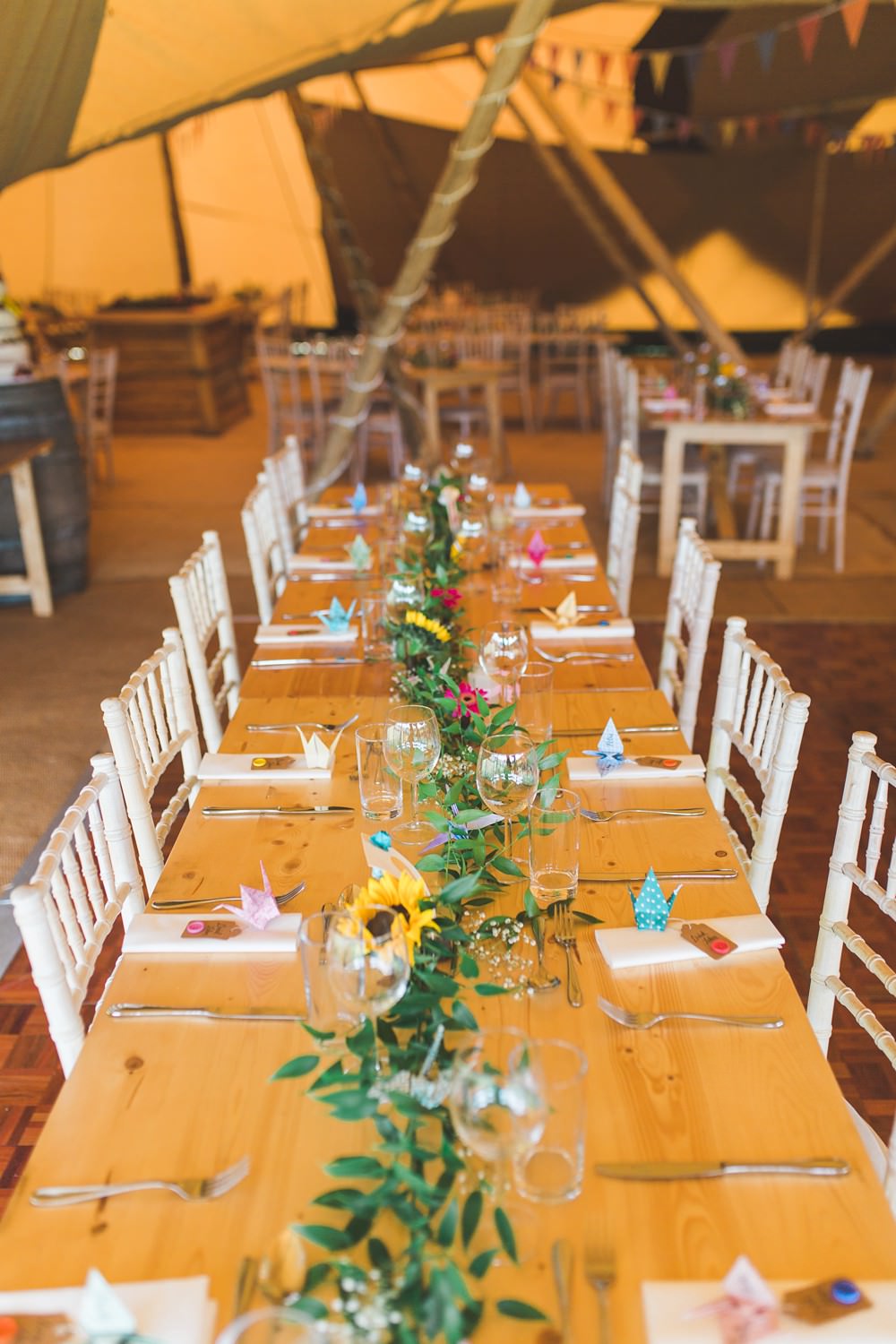 Long Wooden Tables Greenery Foliage Sunflower Garland Swag Decor Bedfordshire Farm Wedding Milkbottle Photography