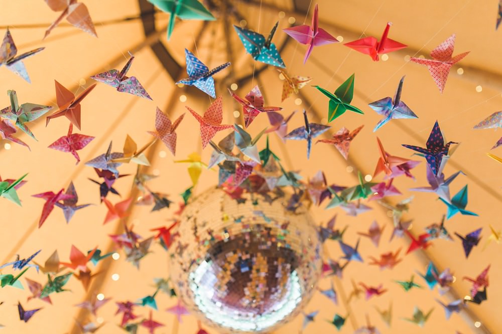 Tipi Origami Birds Cranes Decor Decoration Disco Ball Bedfordshire Farm Wedding Milkbottle Photography
