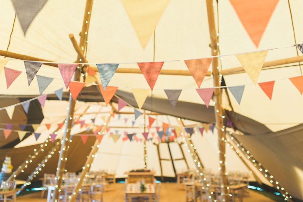 Tipi Fairy Lights Bunting Decor Bedfordshire Farm Wedding Milkbottle Photography