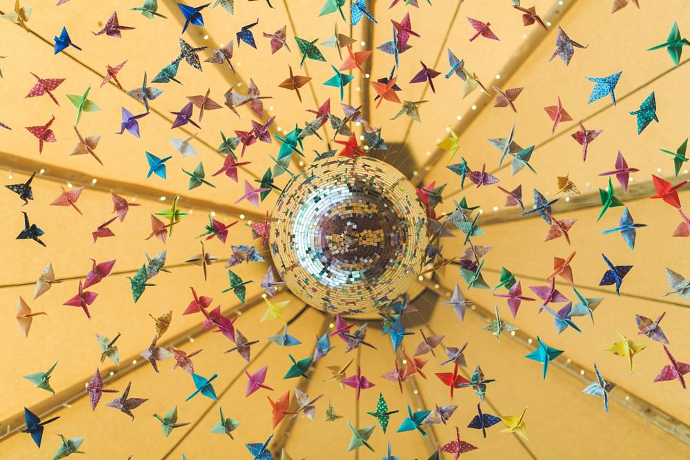 Tipi Origami Birds Cranes Decor Decoration Disco Ball Bedfordshire Farm Wedding Milkbottle Photography