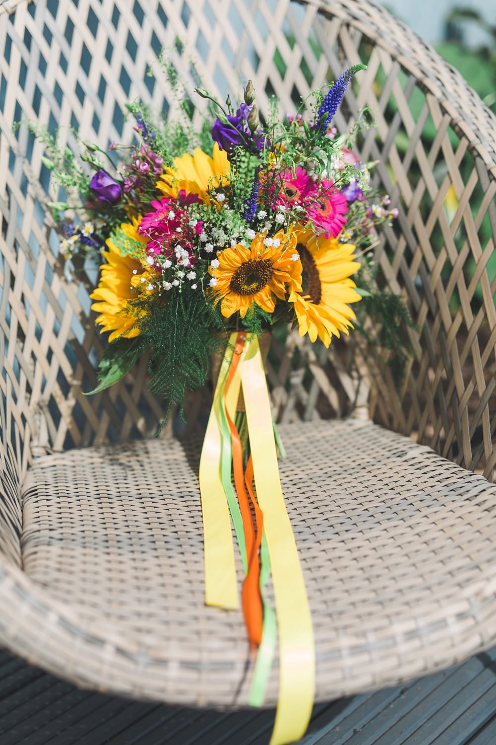Bouquet Flowers Bride Bridal Sunflowers Yellow Ribbon Pink Gerbera Bedfordshire Farm Wedding Milkbottle Photography