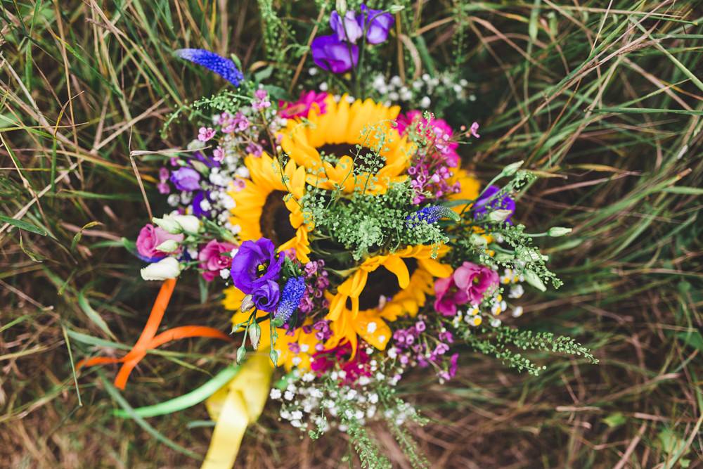 Bouquet Flowers Bride Bridal Sunflowers Yellow Ribbon Pink Gerbera Bedfordshire Farm Wedding Milkbottle Photography