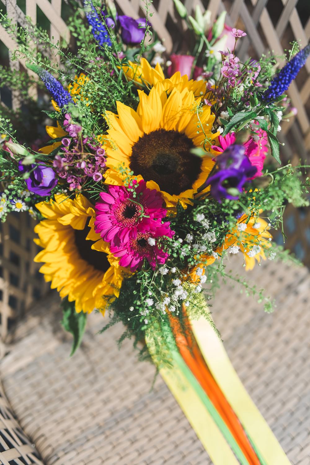 Bouquet Flowers Bride Bridal Sunflowers Yellow Ribbon Pink Gerbera Bedfordshire Farm Wedding Milkbottle Photography