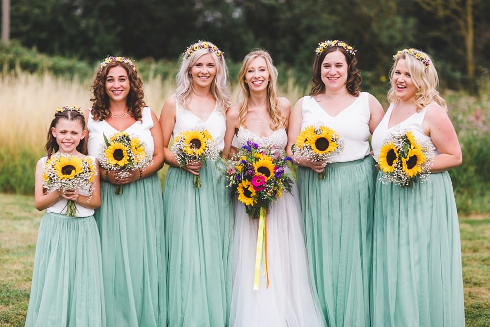 Bridesmaids Dresses Bridesmaid Dress Top Skirt Sage Green Flower Crowns Sunflowers Bedfordshire Farm Wedding Milkbottle Photography