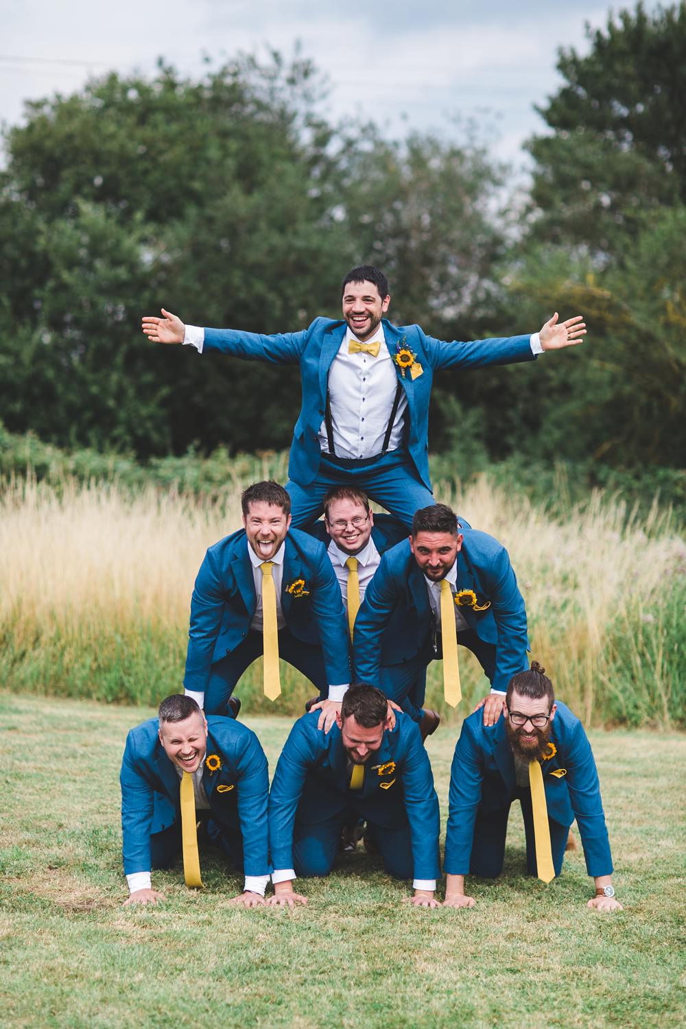 Groom Blue Suit Yellow Bow Tie Sunflower Buttonhole Groomsmen Bedfordshire Farm Wedding Milkbottle Photography